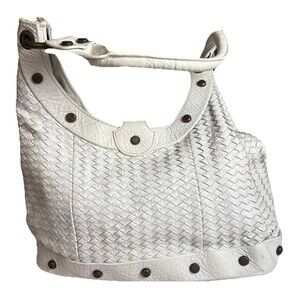 Plinio Visona Italy White Woven Leather Hobo Bag Tote Brass Studs Bottega Style